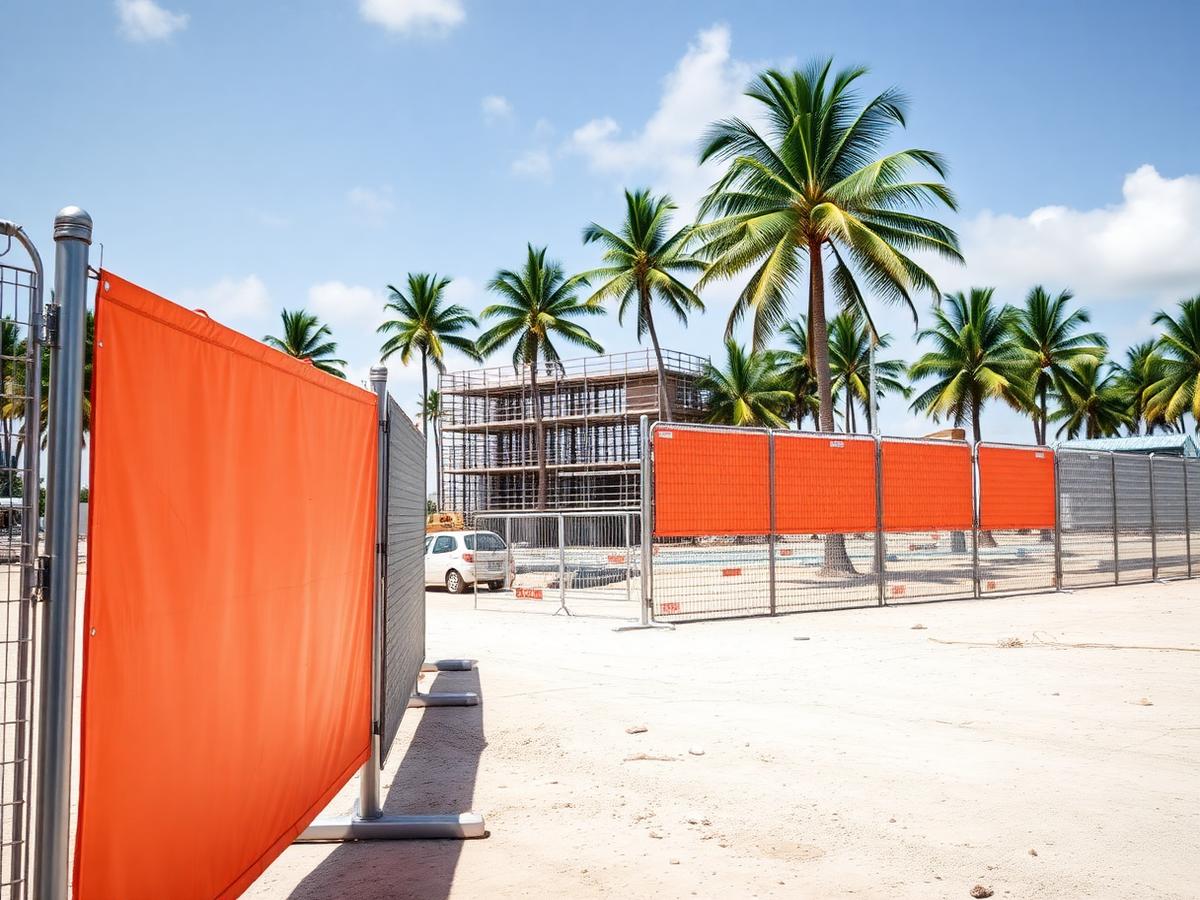 Temporary site fencing panels and barriers securing a Cayman construction site perimeter