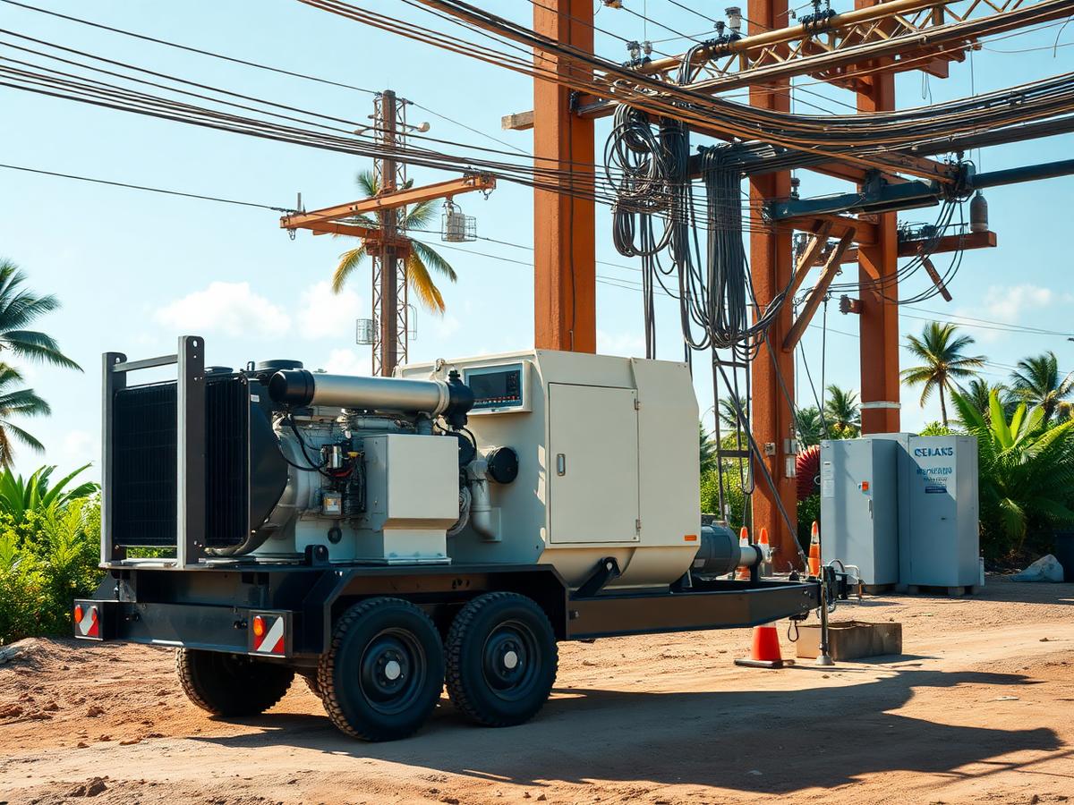 Towable diesel generator supplying temporary power on a Cayman construction site