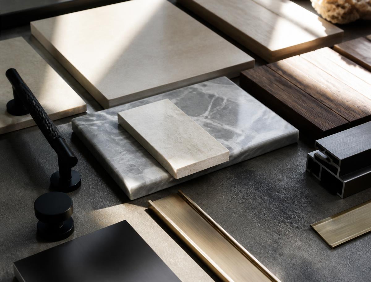 Stone, timber and metal architectural finish samples laid out for specification