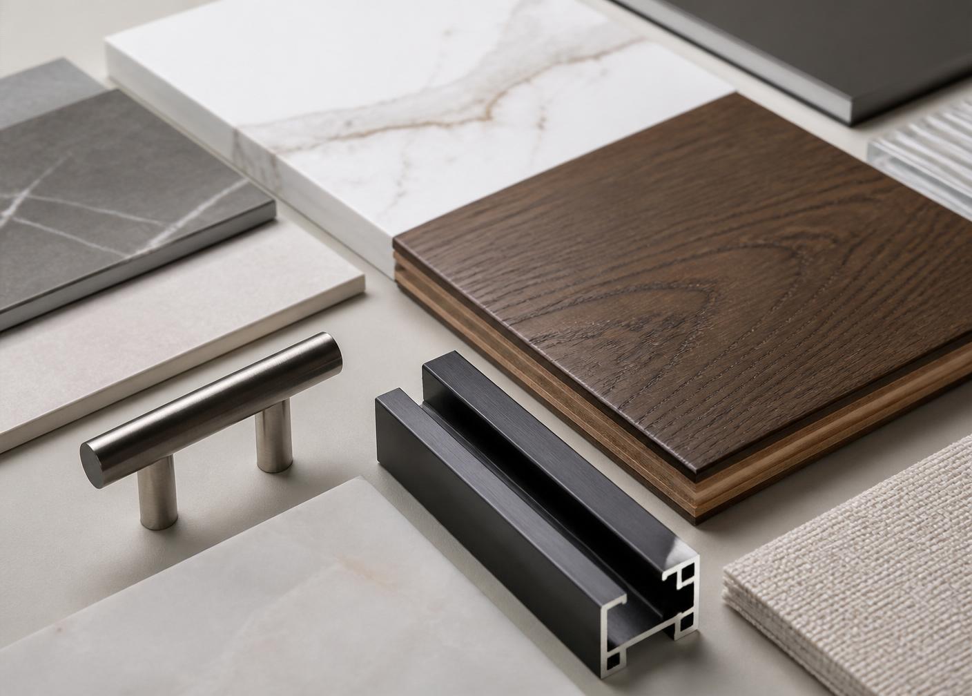 Premium architectural finish samples including stone, timber and metal profiles