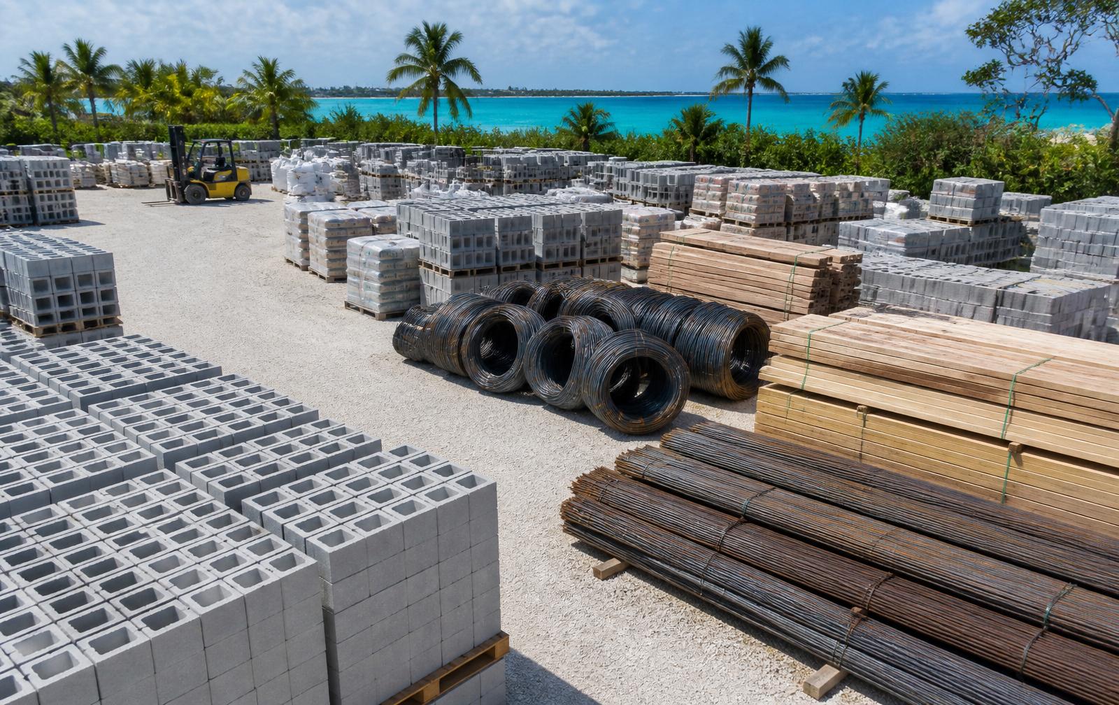 Organized construction materials yard in the Cayman Islands with concrete blocks, rebar and lumber